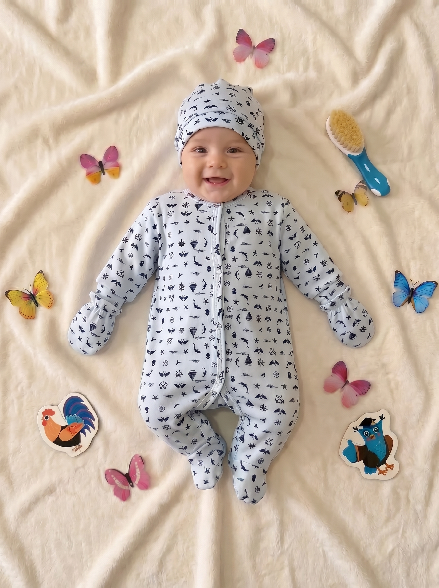 Grenouillère Bébé – Blanc Mer & Animaux