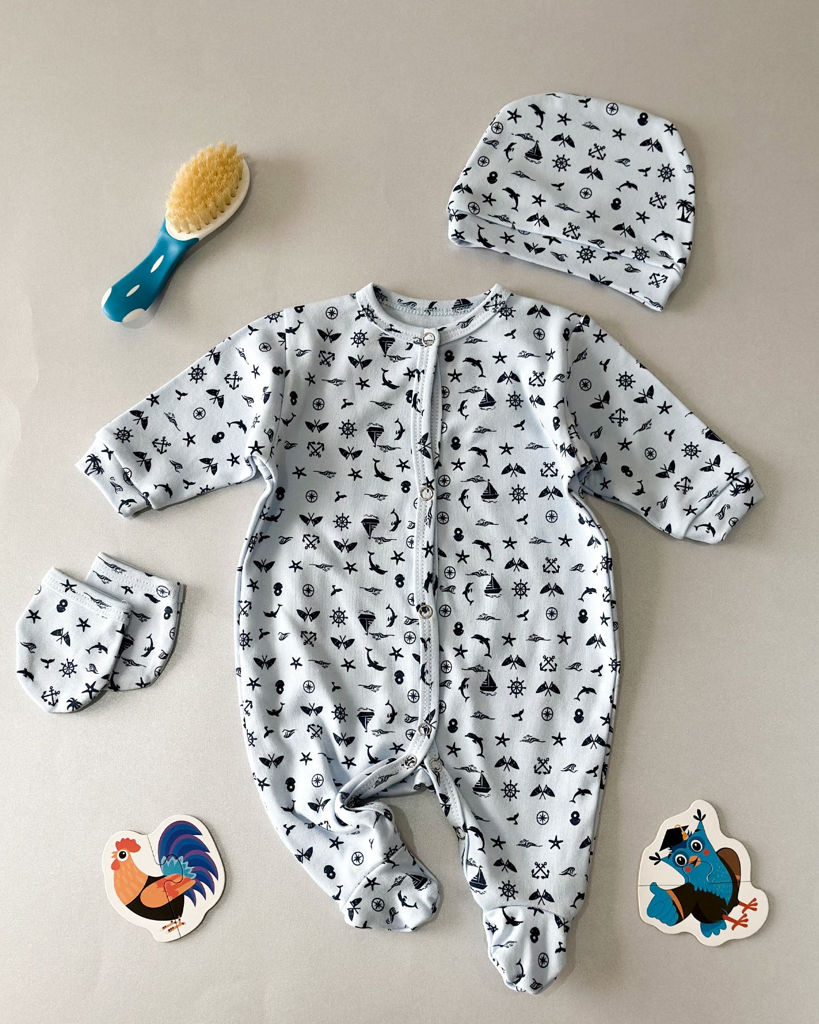 Grenouillère Bébé – Blanc Mer & Animaux