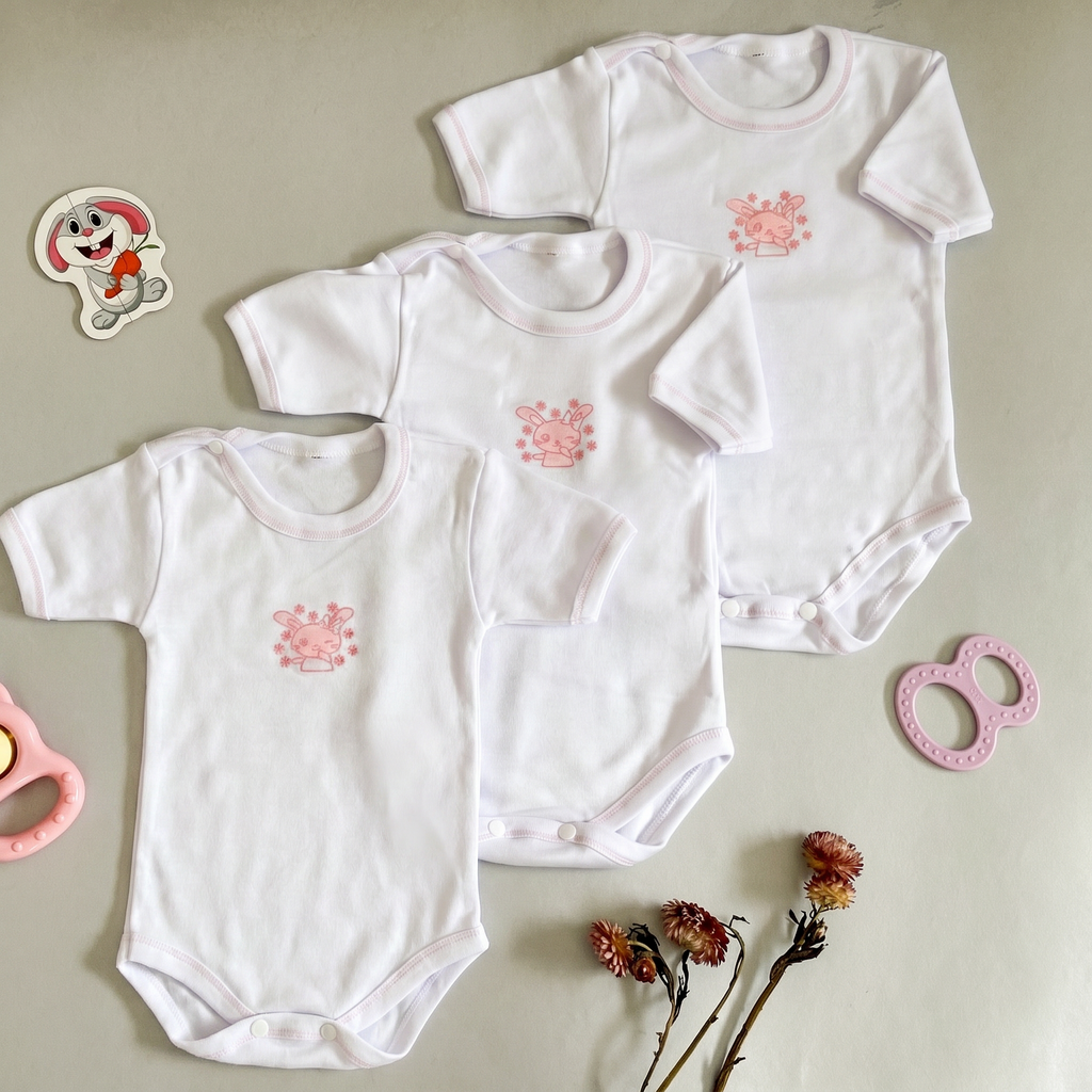 Lot de 3 Bodies Bébé Demi-Manche – Rose Lapin