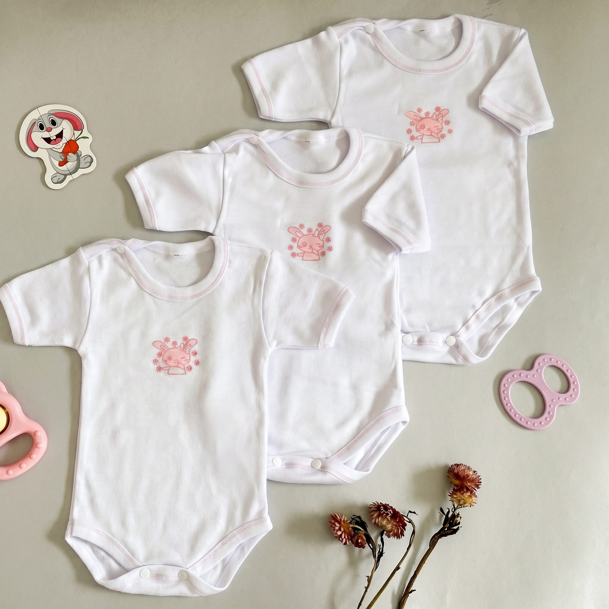 Lot de 3 Bodies Bébé Demi-Manche – Rose Lapin