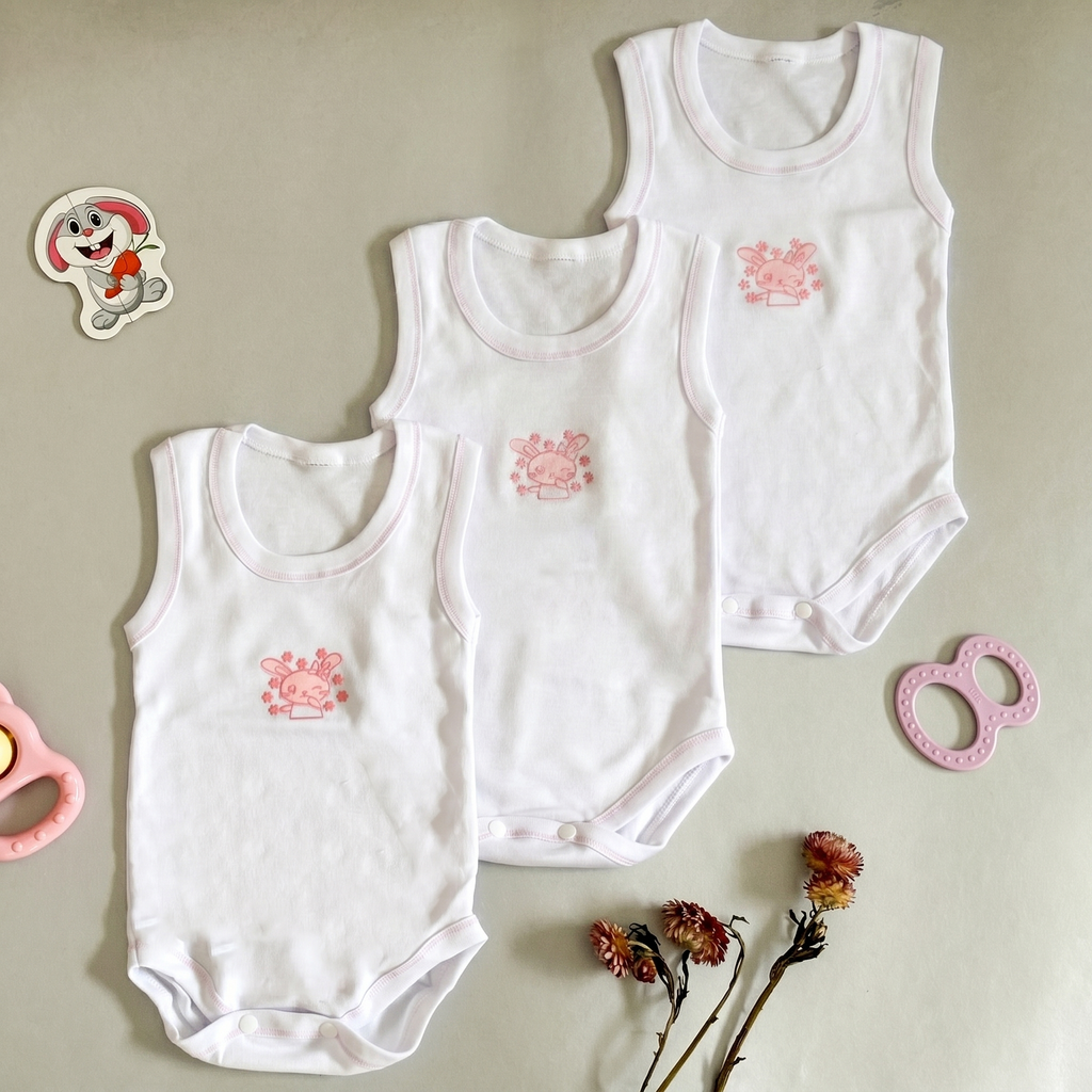 Lot de 3 Bodies Bébé Sans-Manche – Rose Lapin