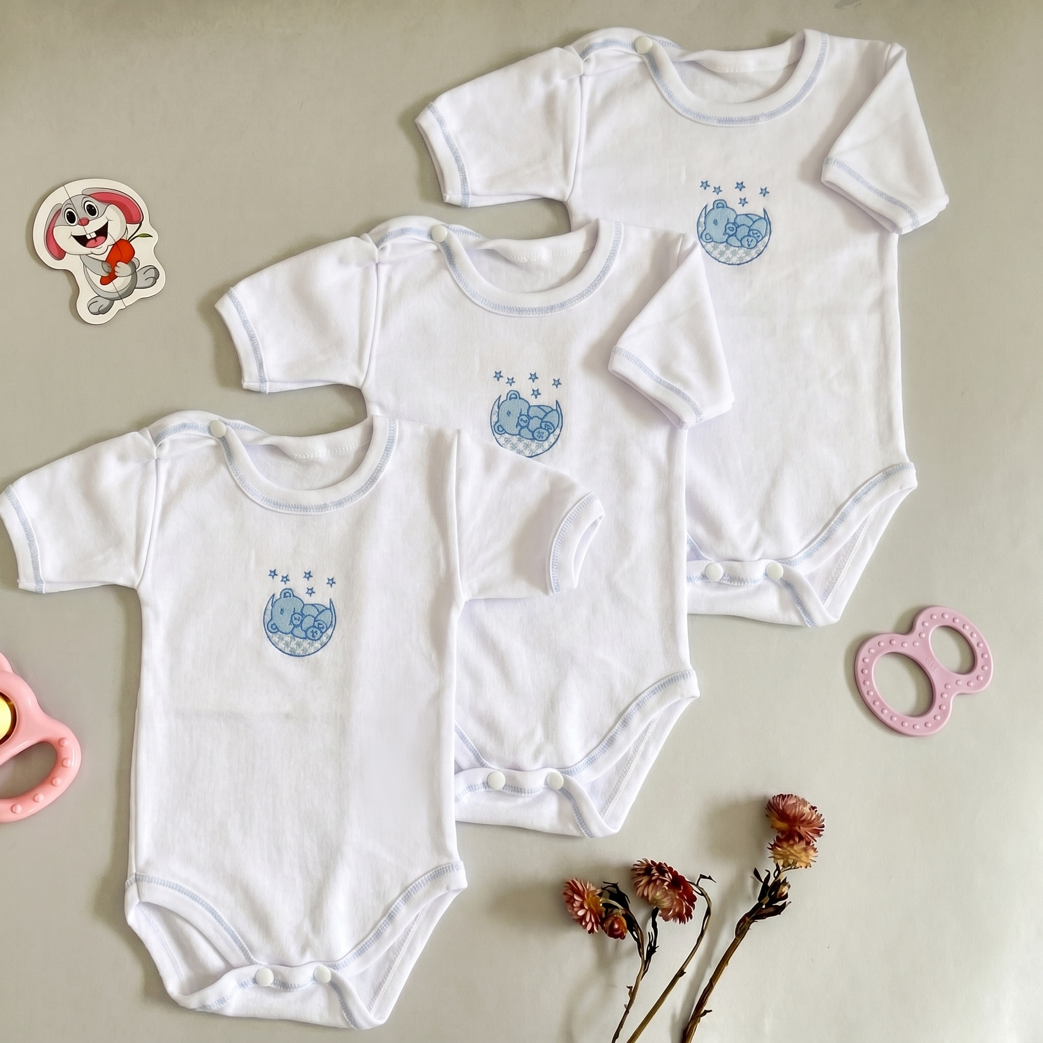 Lot de 3 Bodies Bébé Demi-Manche – Bleu Ours