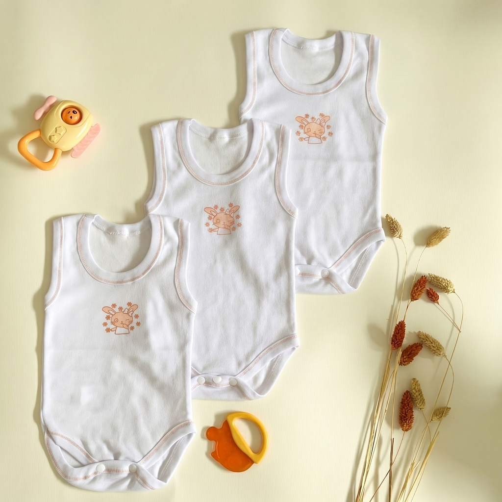 Lot de 3 Bodies Bébé Sans-Manche – Saumon Lapin