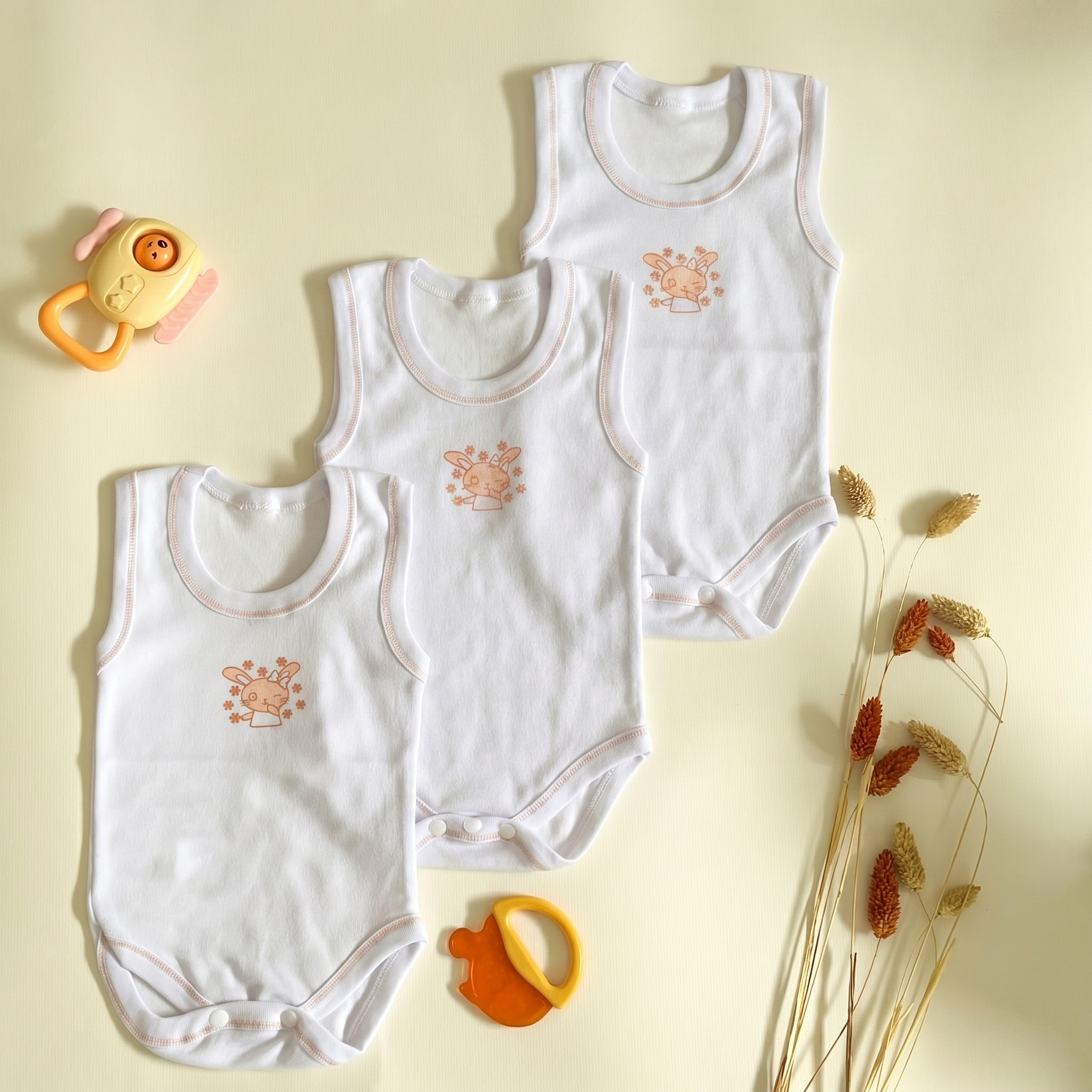 Lot de 3 Bodies Bébé Sans-Manche – Saumon Lapin