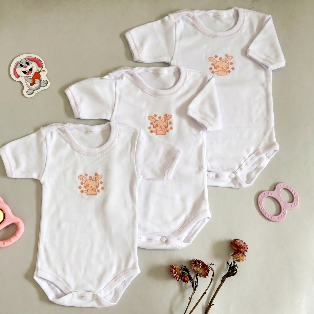 Lot de 3 Bodies Bébé Demi-Manche – Saumon Lapin