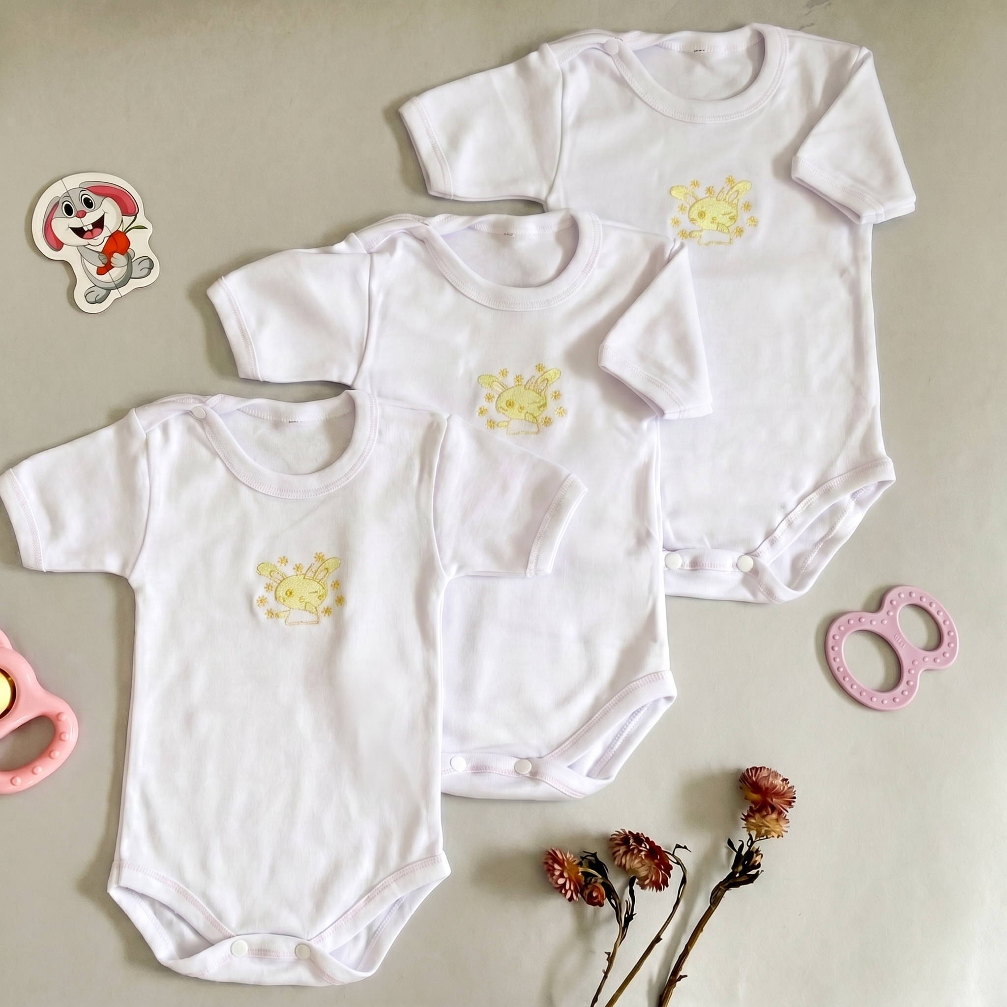 Lot de 3 Bodies Bébé Demi-Manche – Jaune Lapin